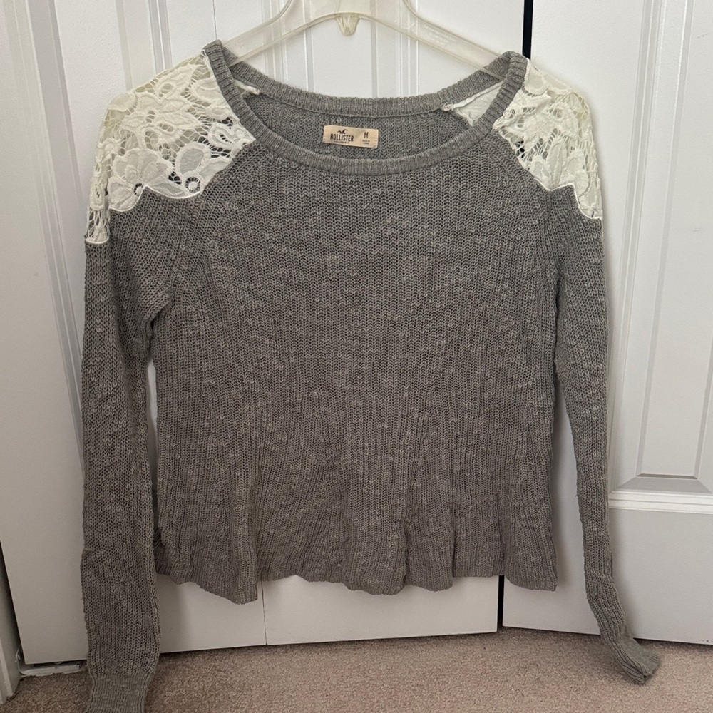 Hollister Gray Lace Accent Sweater Top